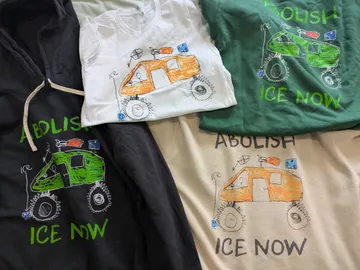 picture of Icedozer merch. two sweatshirts, a hoodie, and a kids shirt